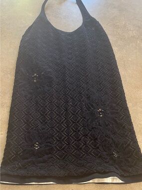 Free People Black Crochet Halter Tank with Floral Applique - M/L